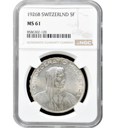 Switzerland 5 francs 1926 B, NGC MS61, "Confoederatio Helvetica (1917 - 1967)"