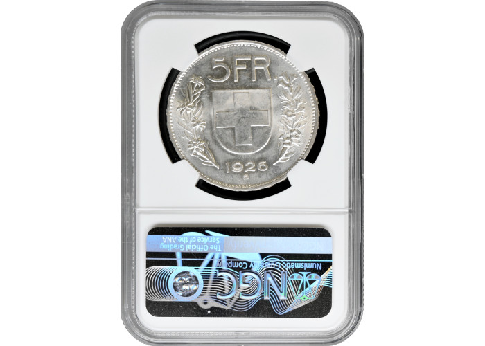 Швейцария 5 франков 1926 г. B, NGC MS61, "Швейцарская Конфедерация (1917 - 1967)"