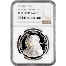 Malta 5 Lira 1993, NGC PF69 UC, "400. Jahrestag - Universität von Malta"