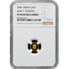 Liberia 25 Dollar 2000, NGC PF69 UC, "John F. Kennedy" Top Pop Goldmünze