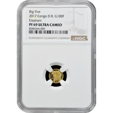 Kongo 100 Franken 2017, NGC PF69 UC, "Fauna Afrikas - Elefant" Top Pop Goldmünze
