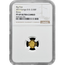 Kongo 100 Franken 2017, NGC PF69 UC, "Fauna Afrikas - Nashorn" Top Pop Goldmünze