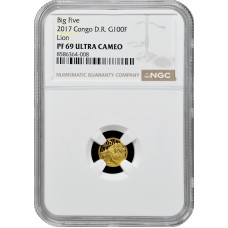 Kongo 100 Franken 2017, NGC PF69 UC, "Fauna Afrikas - Löwe" Top Pop Goldmünze
