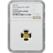 Kongo 100 Franken 2017, NGC PF69 UC, "Fauna Afrikas - Leopard" Top Pop Goldmünze
