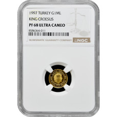 Turkey 1.000.000 lira 1997, NGC PF68 UC, "Croesus, the King of Lydia" gold coin