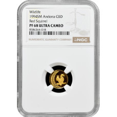 Andorra 5 Diners 1994 SM, NGC PF68 UC, "Wilde Tiere - Eurasisches Eichhörnchen"