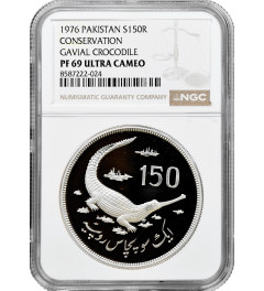 Pakistan 150 rupees 1976, NGC PF69 UC, "Conservation - Gavial Crocodile" silver