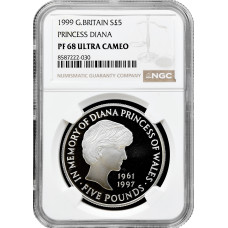 Великобритания 5 фунтов 1999 г., NGC PF68 UC, "Принцесса Диана" 