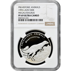 Лаос 50 кипов 1995 г., NGC PF69 UC, "Доисторические животные - Мегалозавр" Top Pop