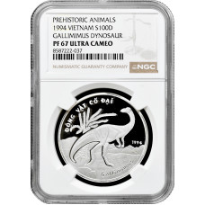 Vietnam 100 dong 1994, NGC PF67 UC, "Prehistoric Animals - Gallimimus"