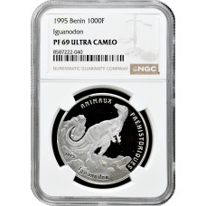 Бенин 1000 франков 1995 г., NGC PR69 UC, "Доисторические животные - Игуанодон" Top Pop 1/0
