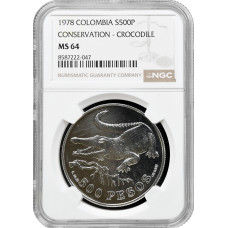 Колумбия 500 песо 1978 г., NGC MS64, "Острорылый крокодил"