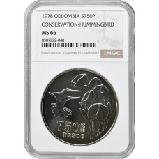 Колумбия 750 песо 1978 г., NGC MS66, "Сохранение окружающей среды - Колибри"