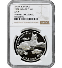 Ukraine 10 hryven 2001, NGC PF69 UC, "Flora and Fauna - Eurasian lynx" silver