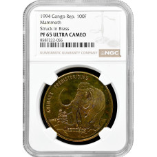 Республика Конго 100 франков 1994 г., NGC PF65 UC, "Доисторические животные - Мамонт"
