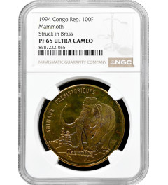 Congo Republic 100 francs 1994, NGC PF65 UC, "Prehistoric animals - Mammoth"
