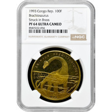 Республика Конго 100 франков 1993 г., NGC PF64 UC, "Доисторические животные - Брахиозавр"