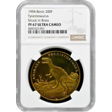 Бенин 200 франков 1994 г., NGC PR67 UC, "Доисторические животные - Тиранозавр" Pop 1/1