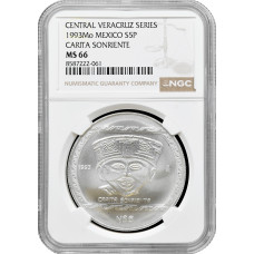 Мексика 5 песо 1993 г. Mo, NGC MS66, "Доколумбовый Веракрус - Улыбающееся лицо"