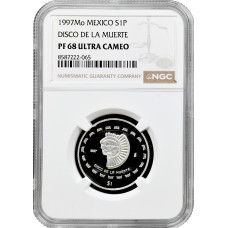 Мексика 1 песо 1997 г. Mo, NGC PF68 UC, "Теотиуакан - диск смерти"