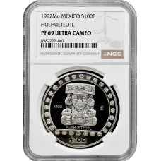 Мексика 100 песо 1992 г. Mo, NGC PF69 UC, "Ацтеки - Уэуэтеотль /Huehueteotl/"