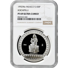 Мексика 100 песо 1992 г. Mo, NGC PF69 UC, "Ацтеки - Xochipilli"
