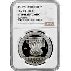Мексика 100 песо 1992 г Mo., NGC PF69 UC, "Доколумбовская культура - Brasero Efigie"