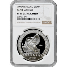 Мексика 100 песо 1992 г. Mo, NGC PF70 UC, "Guerrero Aguil (Воины-орлы)" Top Pop