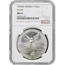 Мексика 1 онза 1996 г. Mo, NGC MS62, "Серебряная инвестиционная монета "Свобода"