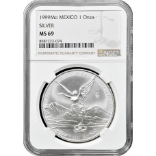 Мексика 1 онза 1999 г. Mo, NGC MS69, "Серебряная инвестиционная монета "Свобода"