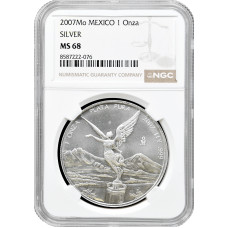 Мексика 1 онза 2007 г., NGC MS68, "Серебряная инвестиционная монета "Libertad"
