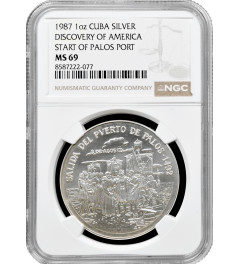 Cuba silver medal 1987, NGC MS69, "Departure from the port of Palos" Top Pop