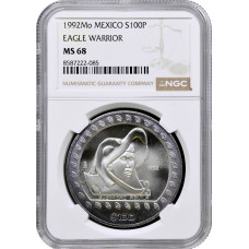 Мексика 100 песо 1992 г. Mo, NGC MS68, "Guerrero Aguil (Воины-орлы)"