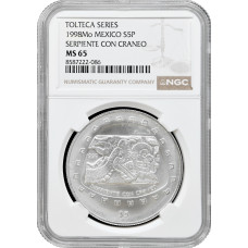 Мексика 5 песо 1998 г. Mo, NGC MS65, "Тольтеки - Serpiente con Craneo"