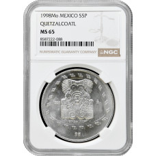 Мексика 5 песо 1998 г. Mo, NGC MS65, "Кетцалькоатль"