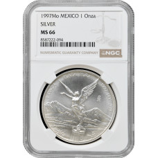 Мексика 1 онза 1997 г. Mo, NGC MS66, "Серебряная инвестиционная монета "Свобода"