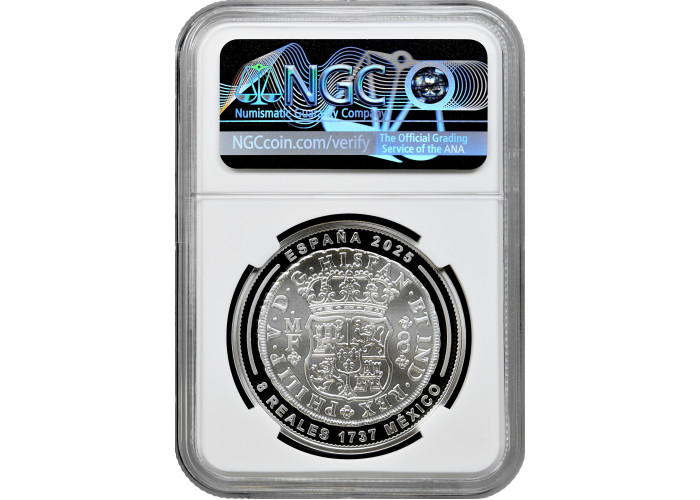 Spanien 10 Euro 2025 M, NGC PF70 UC, "Casa de la Moneda - 8 Reales 1737 "Pillar"