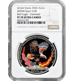 Spain 10 euro 2025 M, NGC PF70 UC, "U.S. 250th Anniv. - Bald Eagle, Colorised"