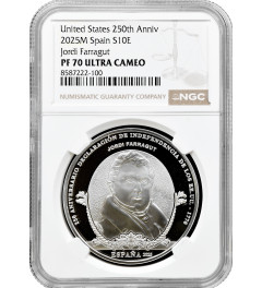 Spain 10 euro 2025 M, NGC PF70 UC, "U.S. 250th Anniversary - Jordi Farragut"