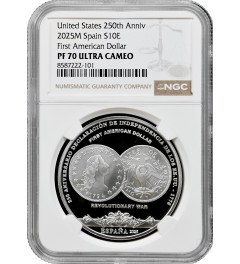 Spain 10 euro 2025 M, NGC PF70 UC, "U.S. 250th Anniver. - First American Dollar"