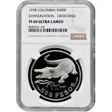 Колумбия 500 песо 1978 г., NGC PF69 UC, "Острорылый крокодил" Top Pop