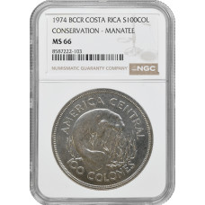 Коста-Рика 100 колонов 1974, NGC MS66, "Охрана природы - Ламантин"