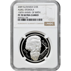 Slowakei 10 Euro 2009, NGC PF70 UC, "150. Geburtstag von Aurel Stodola" Top Pop