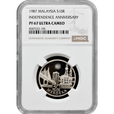 Малайзия 10 ринггит 1987 г., NGC PF67 UC, "30 лет Независимости"