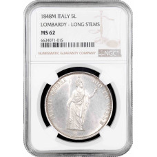 Lombardei-Venetien 5 Lire 1848 M, NGC MS62, "Provisorische Regierung der Lombardei" LANGE STIELE