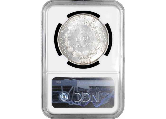 Lombardei-Venetien 5 Lire 1848 M, NGC MS62, "Provisorische Regierung der Lombardei" LANGE STIELE