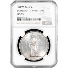 Lombardei-Venetien 5 Lire 1848 M, NGC MS63, "Provisorische Regierung der Lombardei" KURZE STIELE