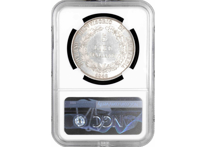 Ломбардия-Венеция 5 лир 1848 г. M, NGC MS63, "Временное правительство Ломбардии (1848 - 1848)" SHORT STEMS