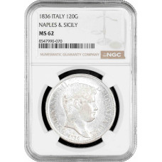 Neapel & Sizilien 120 Grana 1836, NGC MS62, "König Ferdinand II (1830 - 1859)"