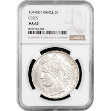 France 5 francs 1849 BB, NGC MS62, "Second Republic (1848 - 1851)" silver coin